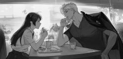 1girl 3boys ? ?? absurdres ahoge blush burger collarbone cup food french_fries greyscale head_rest highres holding holding_burger holding_food indoors jacket jewelry jiangyiting17 kieran_(love_and_deepspace) long_hair looking_at_another love_and_deepspace luke_(love_and_deepspace) monochrome multiple_boys necklace parted_bangs pleated_skirt profile protagonist_(love_and_deepspace) school_uniform shirt short_hair short_sleeves sitting skirt sylus_(love_and_deepspace) twitter_username