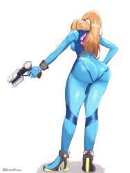 Rule 34 | 1girl, absurdres, artist name, ass, blonde hair, blue bodysuit, bodysuit, breasts, daymandraws, gun, handgun, high heels, highres, holding, holding gun, holding weapon, impossible bodysuit, impossible clothes, long hair, metroid, nintendo, paralyzer, ponytail, samus aran, skin tight, solo, twitter username, weapon, white background, zero suit