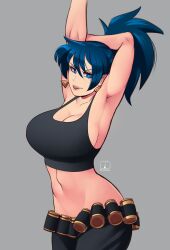 1girl arms_up blue_eyes blue_hair breasts cleavage curvy earrings female_focus fushark highres jewelry large_breasts leona_heidern long_hair looking_at_viewer midriff military navel pale_skin pants ponytail sideboob smile snk solo standing tank_top the_king_of_fighters wide_hips