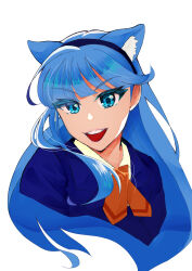 1girl :d absurdres animal_ears black_hairband blue_hair blunt_bangs cat_ears cat_girl fumiko-teraoka hairband highres long_hair magic_knight_rayearth open_mouth pale_skin ryuuzaki_umi school_uniform simple_background smile solo teeth thick_eyelashes upper_body upper_teeth_only v-shaped_eyebrows white_background