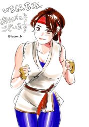 1girl braid breasts brown_eyes brown_hair curvy dougi female_focus fingerless_gloves gloves hairband karate_gi large_breasts leather leggings long_hair looking_at_viewer pale_skin pants ponytail shiny_clothes smile smiley_face standing the_king_of_fighters thick_thighs thighs tucon_b wide_hips yuri_sakazaki