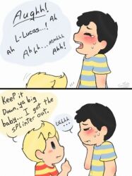 2koma bad_tag black_hair blonde_hair blush child comic crying hat in_pain lovemysockhead12 lucas_(mother_3) misunderstanding mother_(series) mother_2 mother_3 ness_(mother_2) nintendo pain red_hat shirt shota striped_clothes striped_shirt super_smash_bros. tears yaoi