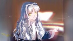 1girl blurry blurry_background caren_hortensia closed_mouth commentary_request dated fate/hollow_ataraxia fate_(series) grey_hair highres instrument long_hair looking_at_viewer parted_bangs piano smile solo wavy_hair y_das_a_r yellow_eyes