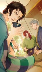 3boys aqua_haori architecture black_hakama brown_hair chawan checkered_clothes checkered_kimono closed_mouth commentary cup dango day dutch_angle east_asian_architecture fate/grand_order fate_(series) food green_kimono grey_hair grey_haori hair_over_one_eye hair_over_shoulder hakama haori hijikata_toshizou_(fate) hishaku holding holding_cup holding_food indoors japanese_clothes kimono li_shuwen_(fate) li_shuwen_(old)_(fate) light_particles light_smile long_hair looking_at_viewer looking_down low_ponytail lower_teeth_only male_focus mori_nagayoshi_(fate) multiple_boys official_alternate_costume official_art old old_man open_mouth orange_eyes ponytail red_hair sanshoku_dango seiza serious short_hair sitting sunlight suzuki_tsuta tatami teeth third-party_source wagashi