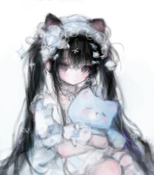 1girl :o animal_collar animal_ears artist_self-insert bell belt_buckle black_hair blue_dress blue_flower blue_hairband blue_ribbon blue_rose buckle buttons cat_ears cat_hair_ornament chinese_commentary collar commentary_request cowboy_shot cross cross_hair_ornament cross_print dress flower frilled_dress frilled_hairband frilled_socks frills gloves grey_collar grey_eyes hair_between_eyes hair_ornament hair_ribbon hairband hairclip heart heart_hair_ornament highres holding holding_stuffed_toy huahua_he_fafa_de_xiao_penzai hugging_object kneehighs light_blush long_hair looking_at_viewer medium_dress neck_bell original parted_lips pill_hair_ornament plaid_hairband puffy_short_sleeves puffy_sleeves ribbon rose short_sleeves sidelocks simple_background single_kneehigh single_sock sitting socks solo sparkle stuffed_fox stuffed_toy twintails very_long_hair white_background white_gloves white_ribbon white_socks wrist_flower