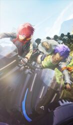 2boys belt black_gloves black_jacket blue_sky brown_belt clenched_hands commentary_request covered_eyes dark-skinned_male dark_skin day denim denim_jacket fate/grand_order fate_(series) fingerless_gloves fuuma_kotarou_(fate) game_cg gloves grin hair_between_eyes hassan_of_the_shining_star_(fate) jacket jeans jewelry long_sleeves male_focus midriff_peek multiple_boys multiple_rings necklace official_alternate_costume official_art open_clothes open_jacket open_mouth outdoors pants photo_background purple_hair red_hair ring roller_coaster sasaki_shounen short_hair shouting sky smile sunglasses tank_top task_owner third-party_source unbuttoned unzipped yellow_eyes
