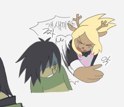 1girl 1other blonde_hair bruise bruise_on_face closed_eyes commentary_request deltarune green_shirt highres injury korean_commentary korean_text kris_(deltarune) noelle_holiday shirt slapping striped_clothes striped_shirt tears translation_request ttudolee