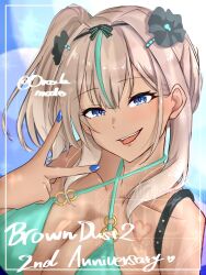 Rule 34 | 1girl, artist name, bikini, blue eyes, breasts, brown dust (series), brown dust 2, brown hair, cleavage, copyright name, dark-skinned female, dark skin, flower, green bikini, gyaru, hair flower, hair ornament, highres, large breasts, lips, looking at viewer, medium hair, multicolored hair, nebris (brown dust 2), nebris (laid-back lifeguard) (brown dust 2), o-ring, o-ring bikini, open mouth, orcalamode, side ponytail, smile, solo, streaked hair, swimsuit, teeth, upper body, upper teeth only, v
