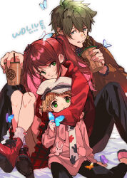 1boy 2girls :q absurdres animal_print arm_around_neck black_bow black_pants black_shirt blue_eyes blush boots bow brown_hair brown_jacket bubble_tea bug butterfly butterfly_on_head butterfly_on_shoulder character_request checkered_clothes checkered_skirt child colored_inner_hair commentary_request crossed_legs cup fingernails foot_out_of_frame full_body green_eyes hair_between_eyes hair_bow hat hat_bow highres holding holding_butterfly holding_cup hug idolmaster idolmaster_side-m insect jacket kashiwagi_tsubasa knees_up looking_at_viewer medium_hair multicolored_hair multiple_girls nana_tetra pants pink_hair pink_shoes pink_sweater rabbit_print red_boots red_bow red_hair red_skirt red_sweater scarf shirt shoes short_hair simple_background sitting skirt socks striped_bow sweater tongue tongue_out twintails two-tone_hair white_background white_hat white_scarf white_socks yokozuwari