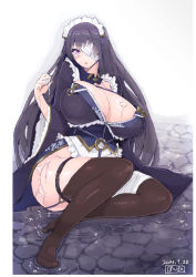 Rule 34 | 1girl, apron, bandage over one eye, bandages, black hair, black thighhighs, blush, breasts, breasts apart, cum, cum on ass, cum on body, cum on breasts, cum on upper body, eyepatch, female focus, highres, huge breasts, long hair, maid apron, maid headdress, purple eyes, purple hair, sengoku bushouki muramasa, solo, tears, thighhighs, water, whoosaku, yamanaka yukimori (sengoku bushouki muramasa)