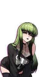 Rule 34 | 1girl, absurdres, all fours, black choker, black lips, c.c., casual, choker, choppy bangs, code geass, code geass: fukkatsu no lelouch, collarbone, commentary, goth fashion, green hair, hair between eyes, highres, jewelry, leaning forward, lips, long hair, looking at viewer, multicolored hair, off shoulder, pendant, print shirt, redpostit, see-through clothes, shirt, sidelocks, simple background, single bare shoulder, skeleton, solo, thighhighs, two-tone hair, white background, yellow eyes, zettai ryouiki