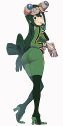 1girl ass asui_tsuyu black_eyes black_hair bodysuit boku_no_hero_academia boots breasts brown_gloves frog_girl from_behind full_body gloves goggles goggles_on_head green_bodysuit green_hair grey_background hair_rings headphones headphones_around_neck high_heel_boots high_heels highres kobaji large_breasts long_hair long_tongue looking_at_viewer looking_back low-tied_long_hair simple_background solo standing thigh_boots thighhighs tongue tongue_out