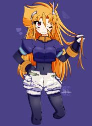 1girl aile_(mega_man_zx) aile_(mega_man_zx)_(cosplay) black_bodysuit blonde_hair blue_background blue_jacket bodysuit bodysuit_under_clothes breasts brown_hair cosplay cowboy_shot cropped_jacket eyelashes highres jacket koshianpancake long_hair marty_(mega_man) mega_man_(series) mega_man_x_(manga) mega_man_x_(series) one_eye_closed robot_ears shorts simple_background solo white_shorts