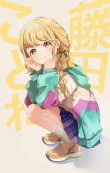 1girl :3 absurdres black_bow blonde_hair blue_jacket blue_skirt bow braid brown_eyes closed_mouth commentary_request fujita_kotone full_body gakuen_idolmaster grey_background hair_bow hair_ornament hair_over_shoulder hairclip highres hood hood_down hooded_jacket idolmaster jacket long_hair long_sleeves looking_at_viewer low_twintails moko39_takasora orange_shoes plaid_clothes plaid_skirt pleated_skirt puffy_long_sleeves puffy_sleeves ribbed_socks shoes simple_background skirt sleeves_past_wrists smile socks solo squatting text_background translation_request twin_braids twintails white_socks