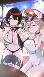 Rule 34 | 2girls, absurdres, animal, animal on lap, aram (epic seven), armpits, bare shoulders, bikini, black bikini, black choker, black gloves, black hair, breasts, cat, cat on lap, choker, cleavage, covered navel, epic seven, eyewear on headwear, gloves, grey hair, grin, hair over shoulder, hands up, hat, highres, hwayoung (epic seven), large breasts, long hair, looking at viewer, medium hair, mismatched bikini, multiple girls, on lap, one-piece swimsuit, outdoors, peaked cap, punimon (user ymmd3824), red eyes, red hat, smile, string bikini, swimsuit, thighs, v, white bikini, white one-piece swimsuit, yellow eyes