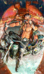Rule 34 | 1boy, abs, absurdres, aiming, aiming at viewer, alca (wakatanka4), animal ears, bara, bare pectorals, black pants, black vest, daylightallure, fingerless gloves, from above, gloves, gun, gyee, highres, holding, holding gun, holding weapon, large pectorals, lion ears, lion tail, male focus, motor vehicle, motorcycle, muscular, muscular male, navel, nipples, open clothes, open vest, pants, pectorals, sunglasses, tail, vest, weapon, white gloves
