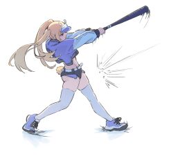 1girl baseball_bat baseball_club_mob_(draco) black_shorts blonde_hair blue_jacket commission cropped_jacket donggang17 exposed_pocket highres holding holding_baseball_bat jacket long_hair long_sleeves micro_shorts midriff original rabbit_tail shoes shorts simple_background skindentation solo swinging_baseball_bat tail thighhighs twintails visor_cap white_background white_thighhighs