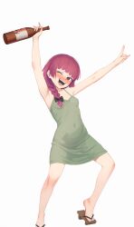 1girl ;d absurdres alcohol black_bow blush bocchi_the_rock! bottle bow braid breasts covered_erect_nipples covered_navel diky dress drunk geta green_dress hair_bow highres hiroi_kikuri holding holding_bottle nose_blush one_eye_closed open_mouth purple_eyes purple_hair sharp_teeth simple_background small_breasts smile solo standing teeth white_background