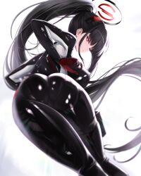 Rule 34 | 1girl, absurdres, ass, black bodysuit, black hair, black halo, blue archive, bodysuit, breasts, bright pupils, cameltoe, commentary request, covered erect nipples, floating hair, from behind, hair between eyes, hair ornament, halo, highres, holster, huge breasts, large breasts, latex, latex bodysuit, leaning forward, long hair, looking at viewer, looking back, multicolored halo, noa (skae3323), official alternate costume, parted lips, ponytail, red eyes, rio (blue archive), rio (bodysuit) (blue archive), sidelocks, simple background, skin tight, solo, thick thighs, thigh holster, thighs, two-tone halo, very long hair, white background, white pupils