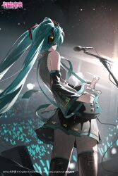 1girl aqua_hair artist_name bad_source bare_shoulders black_skirt black_sleeves boots character_name copyright_name detached_sleeves floating_hair from_behind grey_shirt hair_ornament hatsune_miku headphones headset highres holding instrument jiu_ye_sang long_hair long_sleeves microphone music necktie night official_art playing_guitar playing_instrument pleated_skirt shirt singing skirt sky sleeveless sleeveless_shirt solo standing star_(sky) starry_sky thigh_boots thighhighs twintails very_long_hair vocaloid watermark zettai_ryouiki