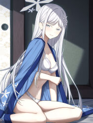 1girl blue_archive blue_haori blush bow bow_bra bow_panties bra breasts cleavage hair_ornament halo haori indoors japanese_clothes light_smile long_hair looking_at_viewer medium_breasts nagusa_(blue_archive) navel panties sitting snowflake_hair_ornament solo tamainoniwa underwear white_bra white_eyes white_hair white_halo white_panties yokozuwari