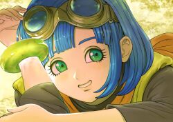 1girl absurdres black_shirt blue_hair blunt_bangs bob_cut bracelet commentary_request dragon_quest dragon_quest_x ebiten_(ebi10d) goggles goggles_on_head green_eyes grin highres jewelry looking_to_the_side neckerchief orange_neckerchief seraphy_(dq10) shirt short_hair smile solo tunic upper_body yellow_background yellow_tunic
