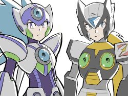 2boys absurdres android armor axl_(mega_man) black_armor black_helmet black_zero_(mega_man) blonde_hair blue_eyes blue_hair chest_jewel cowboy_shot forehead_jewel helmet highres long_hair male_focus mega_man_(series) mega_man_x_(series) multiple_boys purple_eyes spiked_hair ten_(ten_rockman) upper_body white_armor white_axl_(mega_man) white_helmet zero_(mega_man)