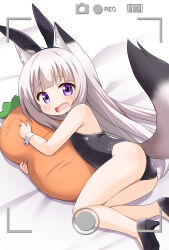 1girl animal_ear_fluff animal_ears ass bare_shoulders black_leotard black_shoes blush commentary_request commission fake_animal_ears fang fox_ears fox_girl fox_tail grey_hair high_heels highres hug hugging_object legs leotard long_hair looking_at_viewer lying mogura2009 on_side open_mouth original purple_eyes rabbit_ears shoes skeb_commission solo strapless strapless_leotard stuffed_carrot stuffed_toy tail tears thighs wrist_cuffs
