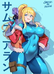 Rule 34 | 1girl, absurdres, blonde hair, blue bodysuit, blue eyes, blush, bodysuit, breasts, commentary, english commentary, fur-trimmed jacket, fur trim, gun, highres, holding, impossible bodysuit, impossible clothes, jacket, jarckius, large breasts, long hair, looking at viewer, metroid, mole, mole under mouth, nintendo, open clothes, open jacket, open mouth, ponytail, red jacket, samus aran, skin tight, smile, solo, weapon, zero suit