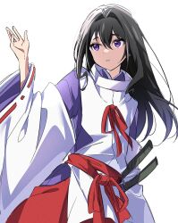 1boy backlighting black_hair cowboy_shot curly_sidelocks hair_between_eyes hair_intakes hakama hand_up highres houjou_tokiyuki_(nige_jouzu_no_wakagimi) japanese_clothes kariginu long_hair looking_up male_focus nige_jouzu_no_wakagimi parted_lips purple_eyes raised_eyebrows red_hakama red_sash ribbon-trimmed_sleeves ribbon_trim sash scabbard sheath sidelocks simple_background solo white_background wide_sleeves yur11