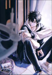 Rule 34 | 1boy, black hair, black jacket, black pants, blurry, blurry foreground, cheng xiaoshi, curtains, hair between eyes, highres, holding, holding photo, hood, hood down, hoodie, indoors, jacket, knees up, long sleeves, looking to the side, male focus, multicolored jacket, official alternate costume, on floor, pants, parted lips, photo (object), shiguang dailiren, shoes, short hair, sitting, solo, two-tone jacket, white hoodie, white jacket, white shoes, yellow eyes, yolu gin