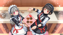 2girls black_dress black_hair cookie copyright_request dairoku_ryouhei dress food food_on_face grey_hair halo_sierra highres holding holding_plate indoors jyuusimatu long_hair looking_at_viewer lumerie_maleficarum maid maid_headdress mixing_bowl multicolored_hair multiple_girls plate red_eyes red_hair smile spatula standing streaked_hair wrist_cuffs