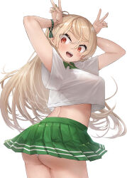 1girl alternate_costume blush breasts brown_eyes conte_di_cavour_(kancolle) cosplay covered_underboob green_skirt kantai_collection large_breasts long_hair looking_at_viewer minneapolis_(kancolle) minneapolis_(tennis)_(kancolle) open_mouth panties polo_shirt shirt skirt smile solo sportswear tennis_court tennis_skirt tennis_uniform toka_(marchlizard) two_side_up underwear white_panties