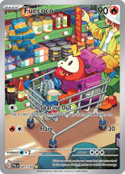 akikan_(kantaro) apple artist_name bag bottle brown_hair card_(medium) character_name company_name copyright_name copyright_notice english_text food fruit fuecoco green_pants grocery_store hat holding holding_food holding_fruit in_bag in_container in_shopping_cart jacket jar long_sleeves nintendo official_art open_clothes open_jacket open_mouth orange_shoes pants pokemon pokemon_(creature) pokemon_card pokemon_focus pokemon_tcg purple_bag shelf shirt shoes shopping shopping_cart short_hair smile third-party_source tomato trading_card water_bottle white_hat white_shirt yellow_jacket
