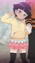 1boy 1girl bandaged_hand bandages black_hair black_thighhighs blue_eyes blush boruto:_naruto_next_generations collar condom condom_wrapper discreet_vibrator drawstring facial_mark father_and_daughter green_collar grey_shirt grin hand_up head_tilt highres holding_hands hood hood_down hoodie layered_skirt loli long_sleeves namidate naruto_(series) outdoors pink_skirt public_indecency public_vibrator pussy_juice pussy_juice_drip pussy_juice_trail sex_toy shirt short_hair skirt smile standing sweat thighhighs uzumaki_himawari uzumaki_naruto vibrator vibrator_in_thighhighs whisker_markings x yellow_hoodie