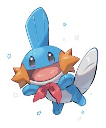 clothed_pokemon gen_3_pokemon looking_at_viewer mudkip nintendo no_humans nullma open_mouth pokemon pokemon_(creature) red_ribbon ribbon simple_background solo star_(symbol) white_background
