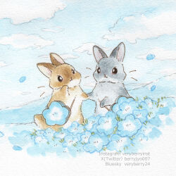 animal animal_focus artist_name bag berry_jou blue_flower blue_sky brown_fur closed_mouth cloud cloudy_sky colored_pencil_(medium) day english_text falling_petals field flower flower_field grey_fur highres holding_hands no_humans original outdoors painting_(medium) petals rabbit shoulder_bag sky traditional_media watercolor_(medium) watermark weibo_username weibo_watermark