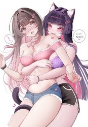 ! 2girls among_us animal_ear_fluff animal_ears bare_shoulders black_choker black_hair black_scrunchie black_shorts blue_shorts blunt_bangs blush bra breasts brown_hair cat_ears cat_girl cat_tail chaisia_art choker closed_mouth collarbone commentary crewmate_(among_us) cutoffs denim denim_shorts dolphin_shorts english_commentary fingernails glasses gradient_hair hand_on_another&#039;s_stomach heart highres jewelry lipstick_mark long_hair michi_(chaisia_art) multicolored_hair multiple_girls navel necklace nose_blush open_mouth original paid_reward_available patreon_username peanut_mouth pearl_necklace pink_(among_us) pink_hair purple_bra red_eyes scrunchie shorts simple_background speech_bubble spoken_exclamation_mark stomach sweat tail tail_around_another&#039;s_leg tail_wrap underwear very_long_hair white_background yuri