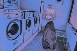 1girl absurdres black_shirt black_skirt blonde_hair cowboy_shot grey_sweater grin highres laundry looking_at_viewer original scenery shirt short_hair si_(wooupp) skirt smile solo sweater teeth
