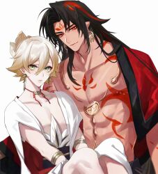 2boys abs absurdres asura_(onmyoji) bishounen black_hair blonde_hair chest_tattoo closed_mouth earrings eyeliner facial_mark green_eyes highres jewelry konsai_2 light_smile long_hair looking_at_viewer makeup male_focus multicolored_hair multiple_boys muscular muscular_male onmyoji pectorals red_eyeliner red_eyes red_tattoo short_hair simple_background streaked_hair taishakuten_(onmyoji) tattoo two-tone_hair upper_body white_background yaoi