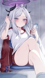 1girl ahoge black_halo blue_archive blush bottle breasts demon_girl demon_horns gym_uniform halo highres hina_(blue_archive) holding holding_bottle horns jacket long_hair looking_at_viewer open_clothes open_jacket purple_eyes sitting small_breasts solo supic1711 white_hair