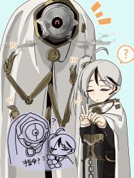 1boy 1girl ? ahoge black_gloves black_hair black_jacket blue_background cape chain closed_eyes clothed_robot gloria_(project_moon) gloves gold_trim greatsword highres jacket june_blues library_of_ruina long_hair looking_at_viewer multicolored_hair project_moon robot side_ponytail simple_background standing streaked_hair sword upper_body v very_long_hair weapon white_cape white_hair yan_vismok