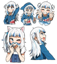 1girl animal_ears blue_eyes blue_hoodie cat_ears cropped_torso ddolbang gawr_gura gawr_gura_(casual) highres hololive hololive_english hood hood_down hood_up hoodie long_hair long_sleeves multiple_views playing_with_own_hair smile suspenders two_side_up virtual_youtuber white_hair