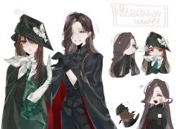 2girls ascot black_ascot black_gloves black_hat black_shirt blowing blue_eyes brown_hair chibi chibi_inset gloves green_shirt grin hand_up hat heart_hands_failure highres long_hair looking_at_viewer ms_r_r multiple_girls multiple_views neckerchief puff_of_air red_eyes reverse:1999 scar scar_on_face semmelweis_(reverse:1999) shirt smile teeth tricorne upper_body valentina_(reverse:1999) white_background white_gloves white_neckerchief