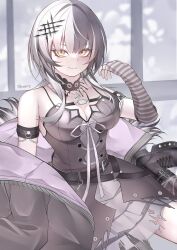1girl absurdres arm_strap belt black_belt black_boots black_choker black_coat black_dress black_hair blush boots breasts brownie55750971 chest_belt choker cleavage closed_mouth coat dress fur-trimmed_coat fur_trim grey_hair hair_between_eyes hair_ornament hand_up hashtag-only_commentary high_heel_boots high_heels highres hololive hololive_english large_breasts looking_at_viewer multicolored_hair off_shoulder open_clothes open_coat platform_boots shiori_novella shiori_novella_(1st_costume) sitting sleeveless sleeveless_dress smile solo spiked_boots split-color_hair striped_arm_warmers twitter_username two-tone_hair virtual_youtuber wariza yellow_eyes zipper
