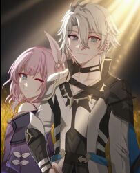 Rule 34 | 1boy, 1girl, ;), ahoge, blue eyes, coat, cyrene (honkai: star rail), hair ornament, honkai: star rail, honkai (series), lizi mogu, looking at viewer, night, one eye closed, outdoors, phainon (honkai: star rail), pink hair, purple coat, short hair, smile, wheat, wheat field, white coat, white hair