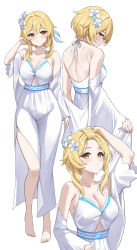1girl absurdres alternate_costume back bangs_pinned_back bare_shoulders blonde_hair blush breasts cleavage closed_mouth collarbone commentary dress english_commentary flower genshin_impact hair_flower hair_ornament halter_dress halterneck highres large_breasts long_dress looking_at_viewer lumine_(genshin_impact) lunacle median_furrow medium_hair multiple_views paid_reward_available side_slit simple_background smile wet white_background white_dress yellow_eyes