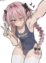 1boy astolfo_(fate) astolfo_(femboy_idol)_(fate) black_bow blush bow braid commentary english_commentary fang fate/apocrypha fate/grand_order fate_(series) hair_bow hair_intakes hair_ribbon heart highres long_braid long_hair looking_at_viewer male_focus multicolored_hair nabibutter one_eye_closed pink_hair purple_eyes ribbon school_swimsuit selfie single_braid skin_fang smile solo streaked_hair swimsuit thighhighs trap v white_background white_hair white_thighhighs xcider
