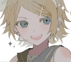 Rule 34 | 1girl, blonde hair, hair ornament, hairclip, highres, kagamine rin, looking at viewer, open mouth, portrait, sailor collar, short hair, solo, sparkle, teeth, treble clef, upper body, upper teeth only, vocaloid, white background, yadu nadu
