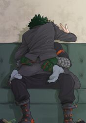 2boys bakudeku bakugou_katsuki boku_no_hero_academia bones_(company) boots couch curly_hair formal_clothes freckles grabbing_another&#039;s_ass green_hair groping hogushi_mizu inminent_sex messy_hair midoriya_izuku multiple_boys shounen_jump sitting sitting_on_person socks spiked_hair suit teacher yaoi